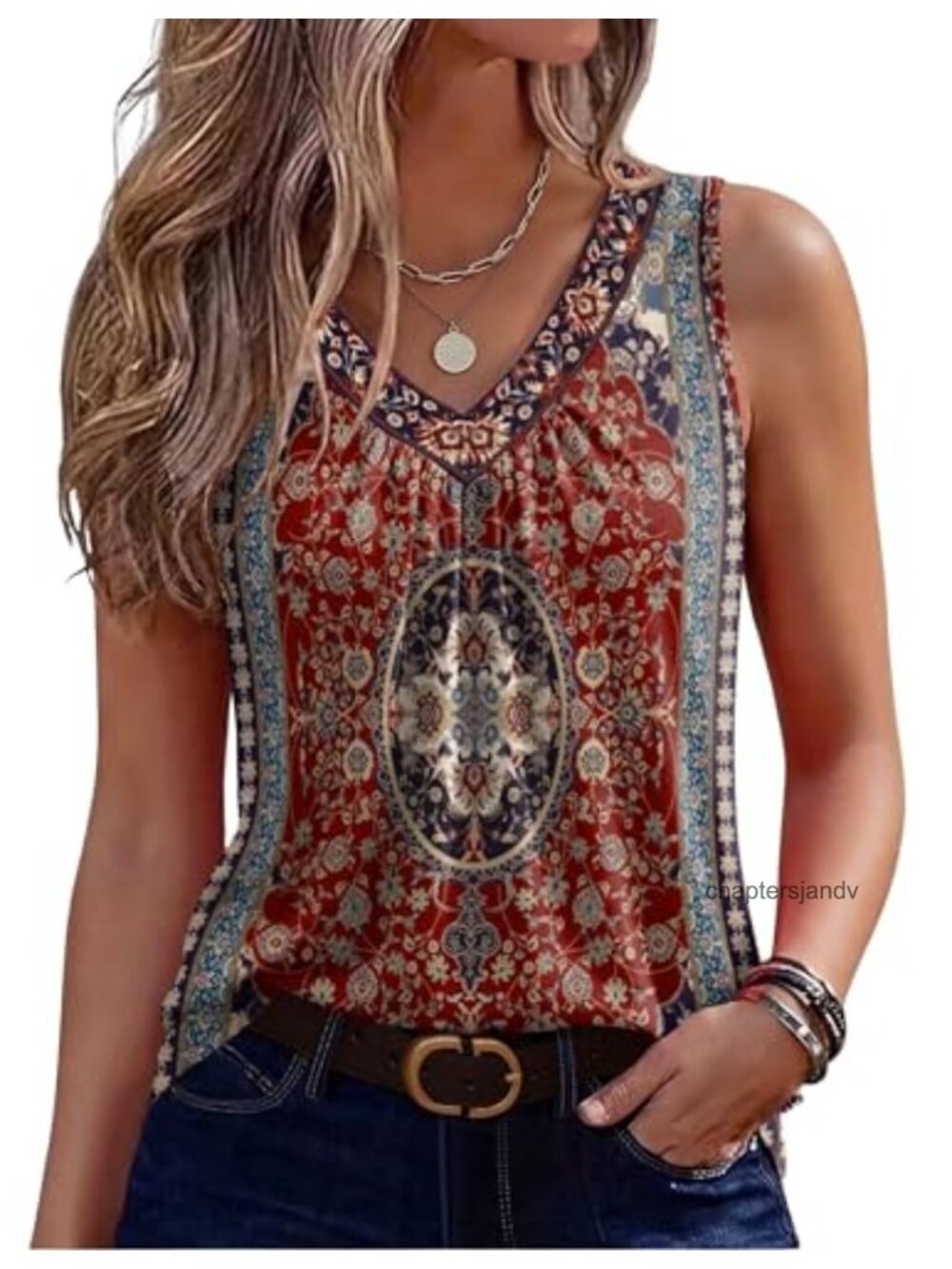 Women's Sleeveless V-Neck Pleated Tank Top Summer Loose Fit Polyester Spandex